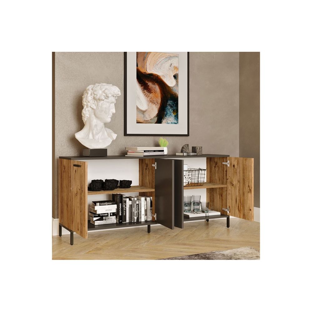 Buffet Moderno de 4 Puertas - Color Gris Oscuro-Roble - 160x40x72cm - Elegante Almacenamiento para Comedor.
