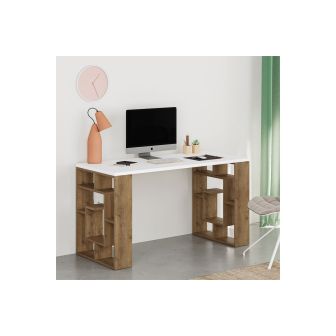 Mesa de Trabajo Color Nogal y Blanco, 140x60x75cm - Espaciosa y Versátil