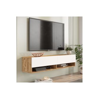 Mueble Mesa TV de Pared Color Blanco-Roble 140x31.6x29.6 cm - 2 Puertas - Estilo Moderno y Funcional.
