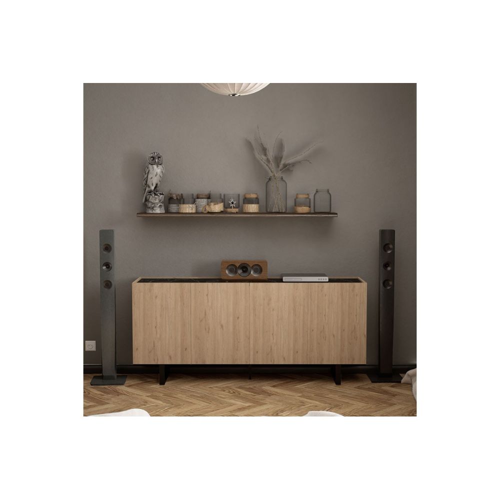 Buffet con Patas Metálicas en Melamina Roble y Negro, 180x42x80 cm, Ideal para Comedores y Salones