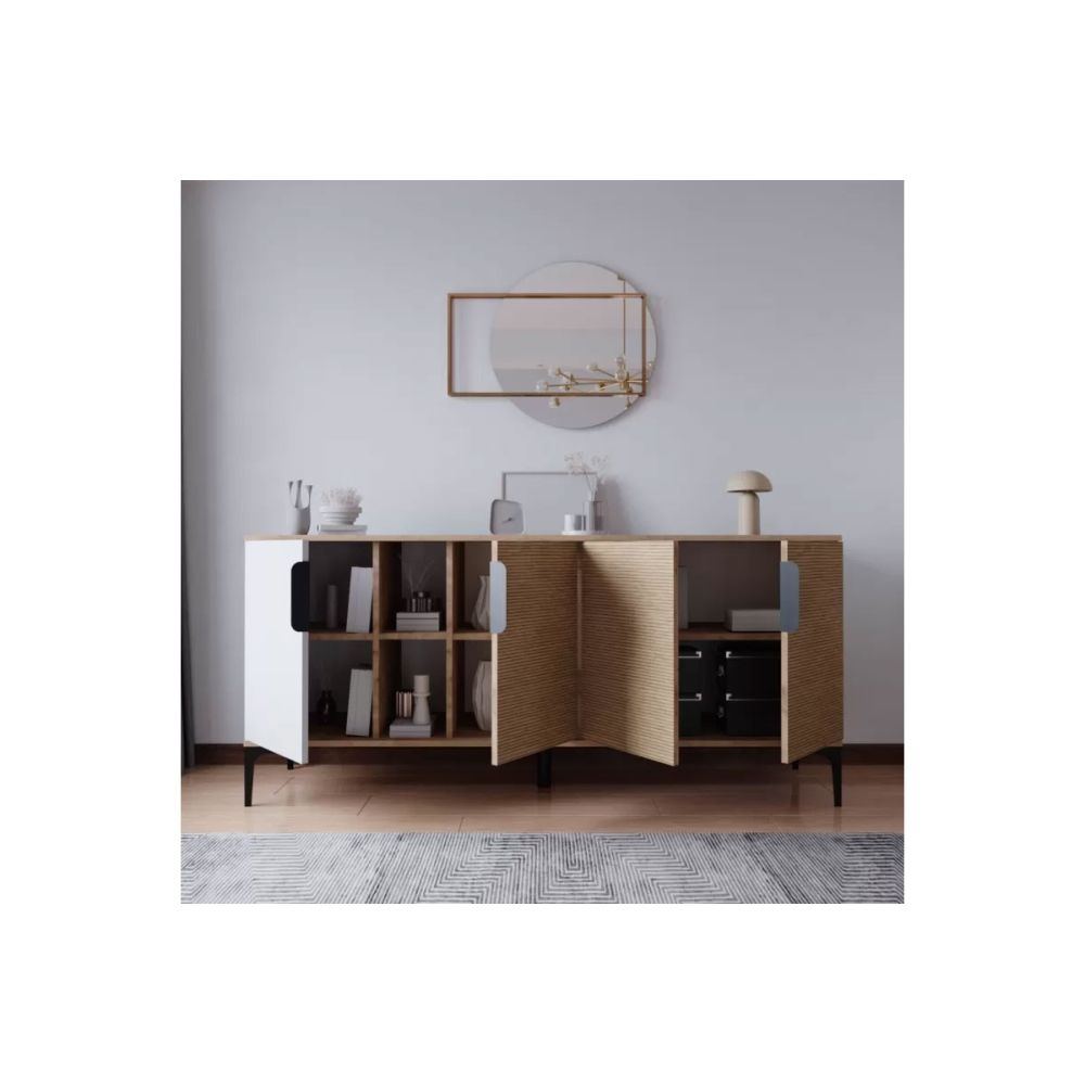 Buffet en Melamina Gris Blanco y Roble, Diseño Moderno
