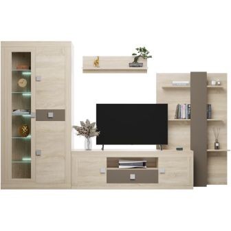 Mueble de Salón Moderno con Leds, Acabado en Cambria y Choco, Medidas: 300 cm (An) x 200 cm (Al) 40 cm (Fon) - Meyvaser