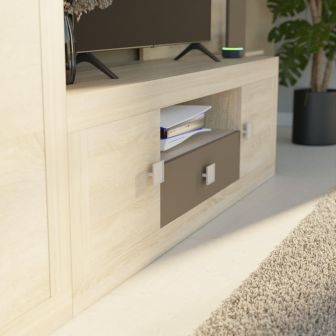 Mueble de Salón Moderno con Leds, Acabado en Cambria y Choco, Medidas: 300 cm (An) x 200 cm (Al) 40 cm (Fon) - Meyvaser