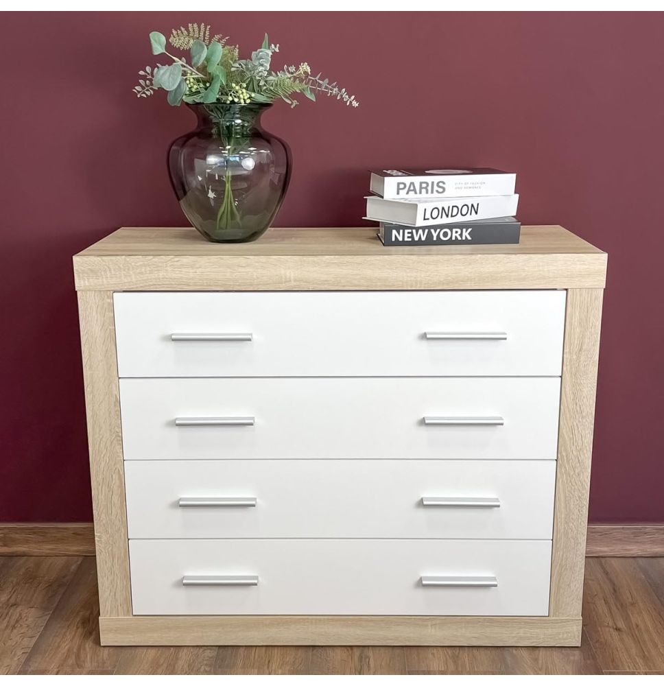 Meyvaser - Cómoda con 4 Cajones, Sinfonier, Color Cambria y Blanco, Medidas: 60 cm (An) x 81.5 cm (Al) x 39.5 cm (Fo)