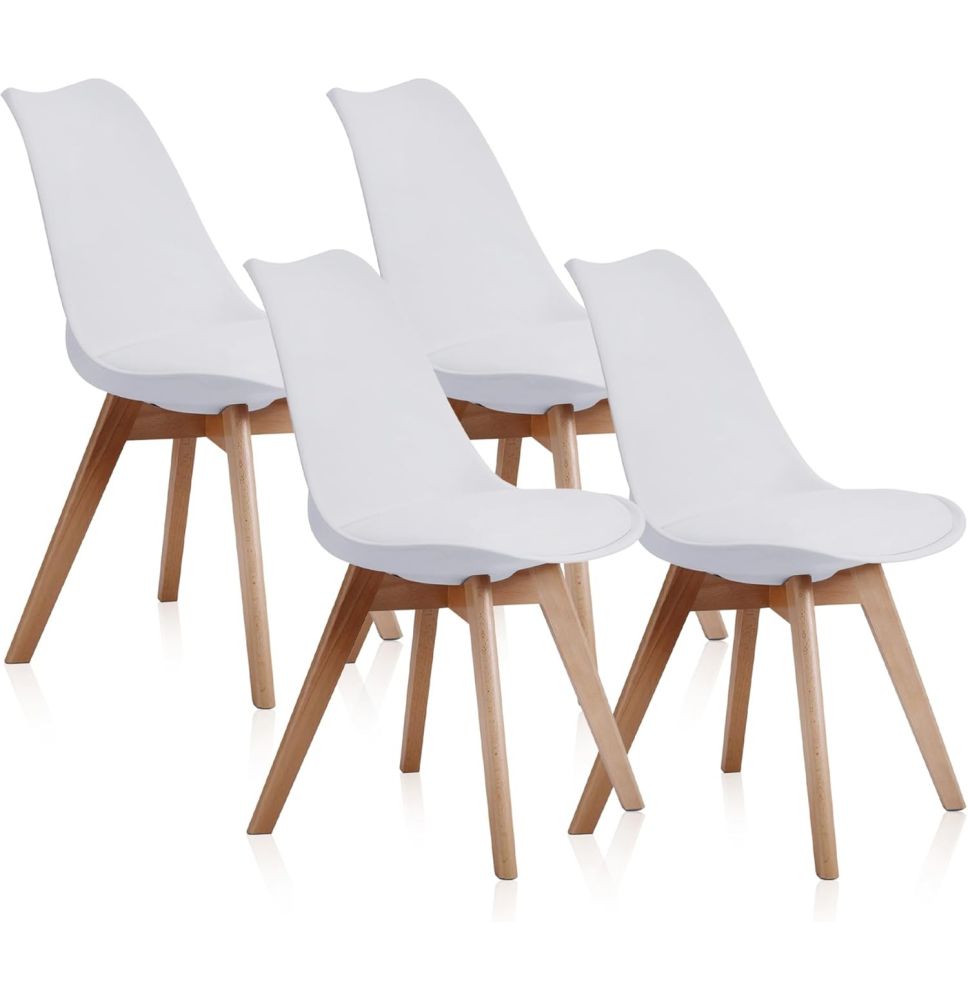 Pack de 4 Sillas para Comedor, Cocina o Salón – Simil Piel Blanca y Madera, Medidas: 48 cm x 45 cm x 84 cm.
