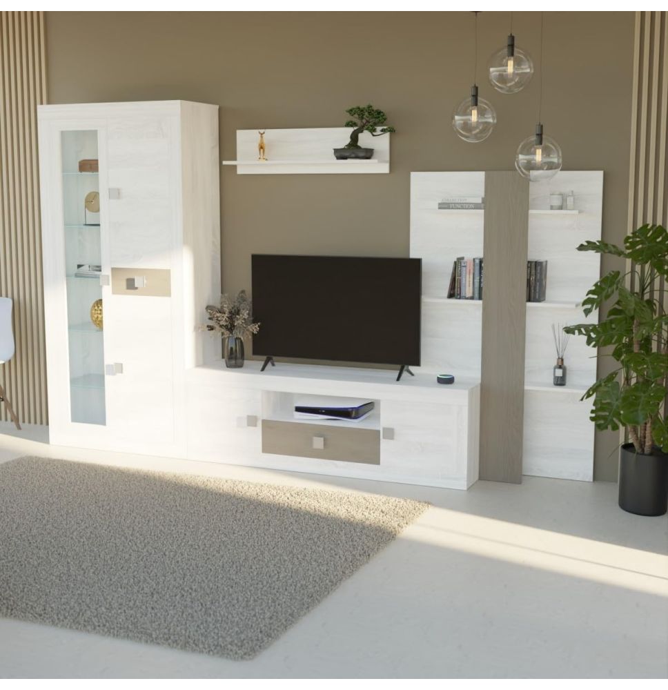 Mueble de Salón Moderno con Leds, Acabado en Andersen Pino -Gris, Medidas: 300 cm (Anc) x 200 cm (Al) 40 cm (Fon)