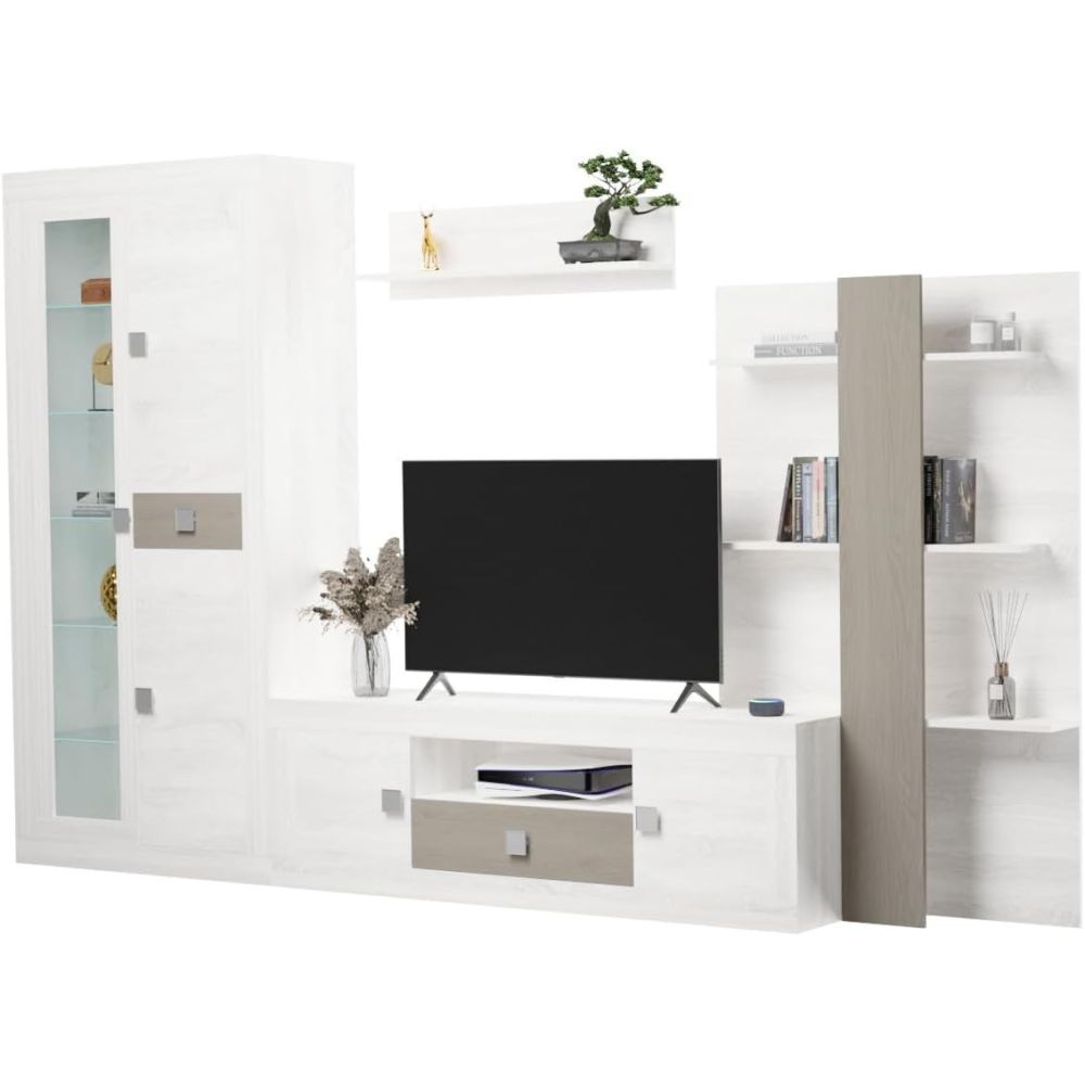 Mueble de Salón Moderno con Leds, Acabado en Andersen Pino -Gris, Medidas: 300 cm (Anc) x 200 cm (Al) 40 cm (Fon)