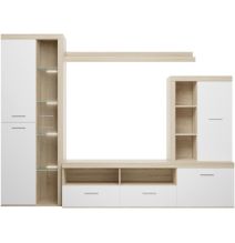 Mueble de Salón Moderno con Leds, Acabado en Cambria - Blanco, Medidas: 260 cm (Ancho) x 191 cm (Alto) 47,5 cm (Fondo)