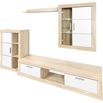 Meyvaser Mueble de salón y TV Moderno con Leds Color Cambria y Blanco Módulo de Comedor 259 Cm