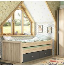 Cama Nido Juvenil con Dos Camas y Dos Cajones - Dormitorio en Cambria y Grafito - 200,5 x 98 x 72 cm