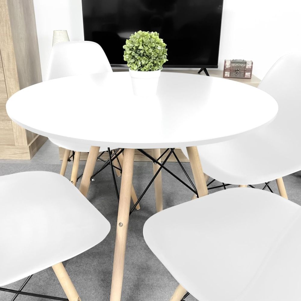 Mesa Redonda de Comedor o Cocina en Patas de Madera y Tapa Blanca – 80 cm de Diámetro y 75 cm de Alto.