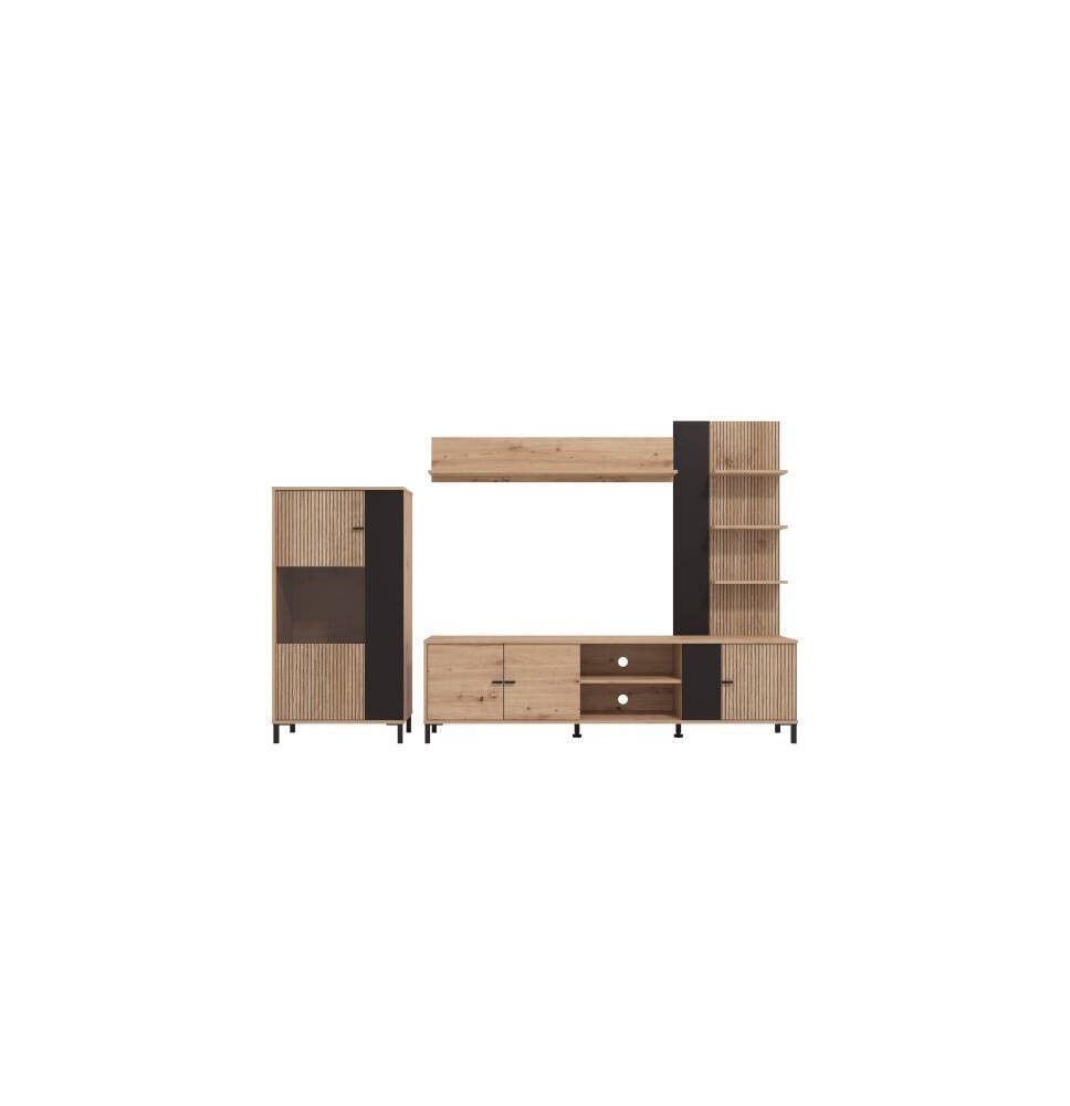 Composición de Salón en Roble Artisan y Negro con Efecto Alistonado- Medidas 263x40x167 cm