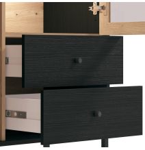 Vitrina Alta en Roble Artisan y Negro con Puerta Estrecha, Puerta Acristalada y 2 Cajones - Medidas 86,5x40x195 cm