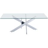 Mesa de Centro con Tapa de Cristal Templado de 8 mm y Patas Metálicas Cruzadas en Acabado Crema -  Medidas 110x55x45 cm