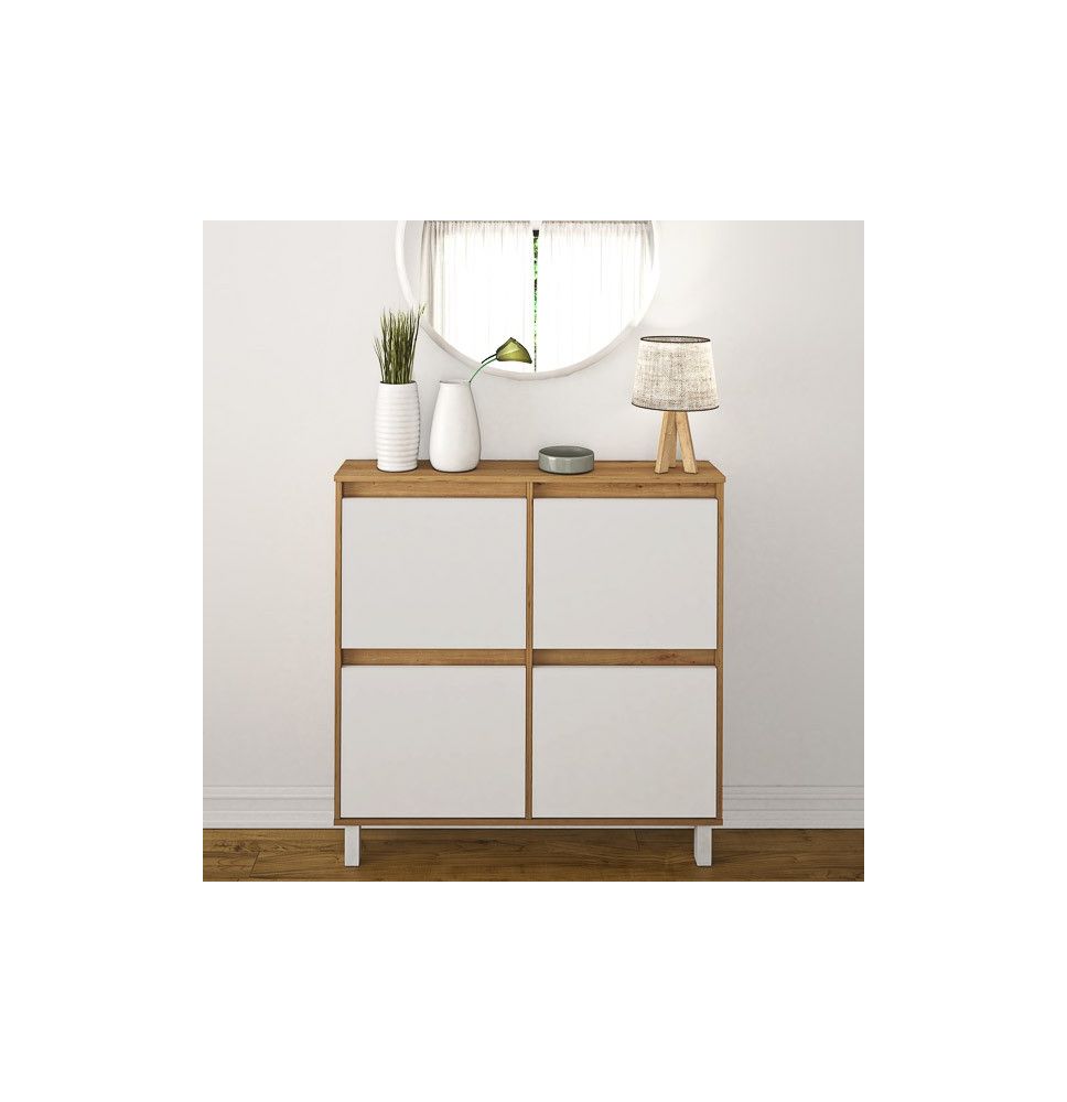 Zapatero de Melamina Roble/Blanco – 4 Puertas Abatibles | Gran Capacidad | 110 x 110 x 20 cm