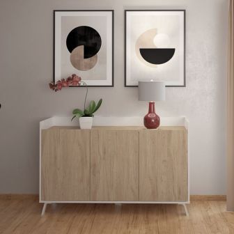Aparador, Buffet, Salón Comedor 3 Puertas, Armario Auxiliar Color Blanco y Roble, Medidas: 140x87x40 Cm