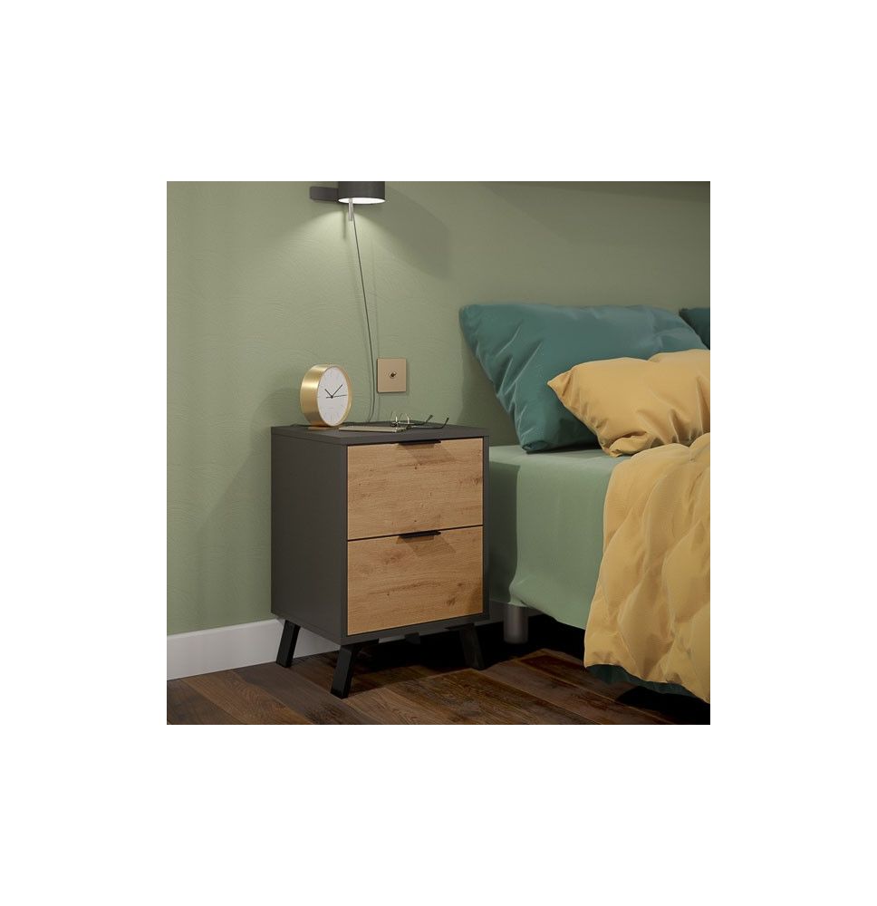 Mesita de noche 2 cajones Moderna acabado Gris/roble 56.5cm(alto) 40cm(ancho) 35cm(fondo)