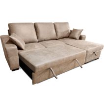 Sofá Cama 3 Plazas Reversible con Chaiselongue y Almacenaje, Tapizado en Tela Piedra, 229x93x153 cm