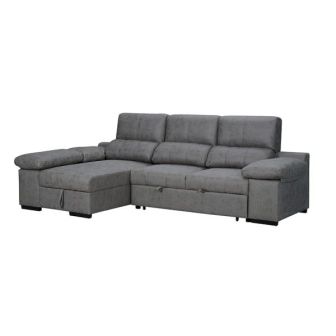 Sofá con Chaiselongue Reversible Color Cemento, Asientos Extensibles y Arcón, 291x160x104 cm, Tapizado en Tela