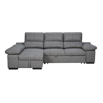 Sofá con Chaiselongue Reversible Color Cemento, Asientos Extensibles y Arcón, 291x160x104 cm, Tapizado en Tela