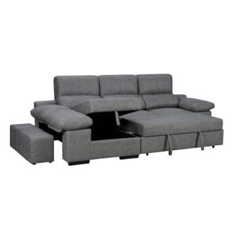 Sofá con Chaiselongue Reversible Color Cemento, Asientos Extensibles y Arcón, 291x160x104 cm, Tapizado en Tela