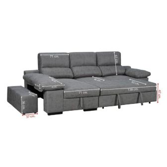 Sofá con Chaiselongue Reversible Color Cemento, Asientos Extensibles y Arcón, 291x160x104 cm, Tapizado en Tela