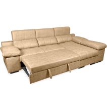 Sofá con Chaiselongue Reversible Color Piedra, Asientos Extensibles y Arcón, 291x160x104 cm, Tapizado en Tela