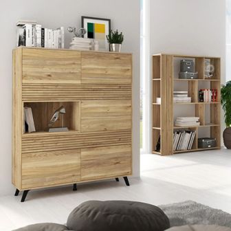 Conjunto de Salón Mueble Completo: Bajo TV, Vitrina, Estantería Decorativa y 2 Estantes - Color Mauvella Rayas