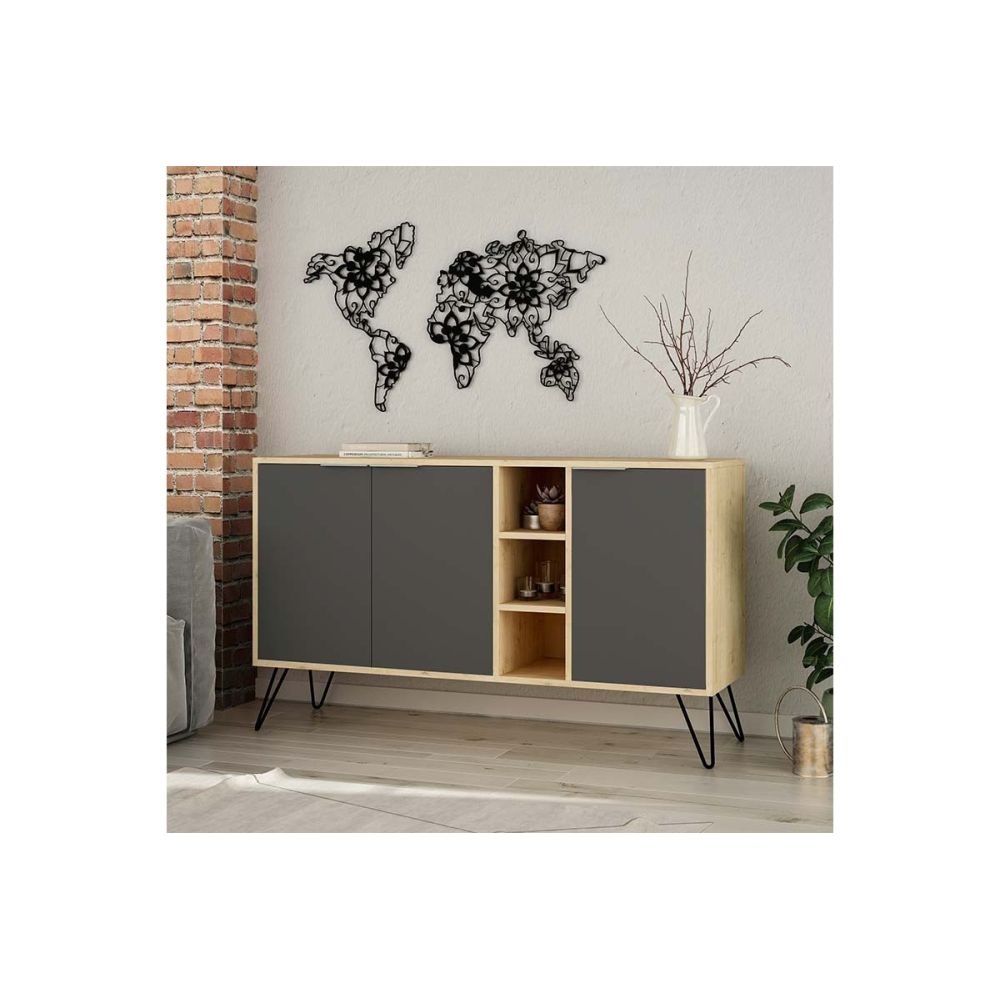 Buffet en Roble Claro y Grafito 3 puertas con Patas de Metal, 142x35.5x83 cm.